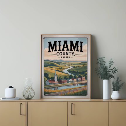 Framed vintage poster showing Miami County, Kansas with a pastoral landscape.