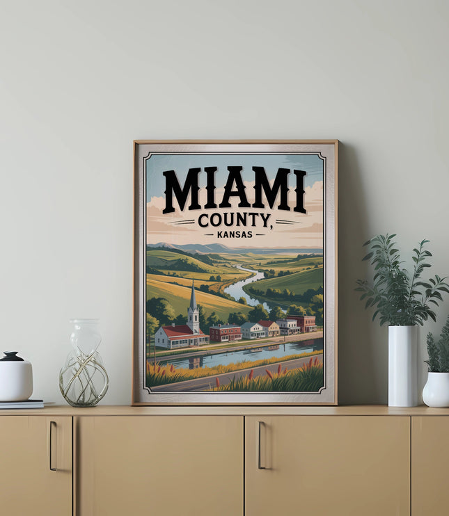 Framed vintage poster showing Miami County, Kansas with a pastoral landscape.