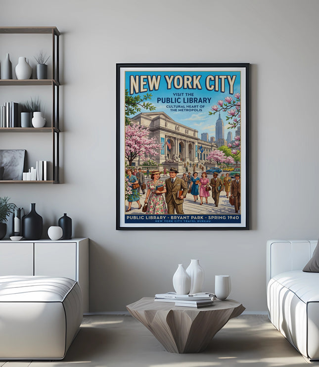 Vintage New York City poster of the Public Library and Empire State Building in spring.