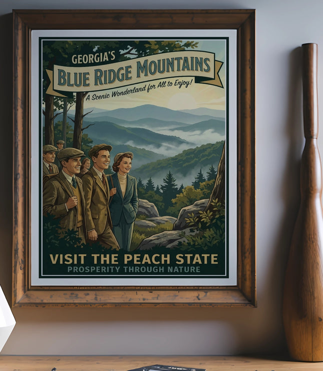 Georgia Blue Ridge Mountains travel poster featuring people and misty mountains.