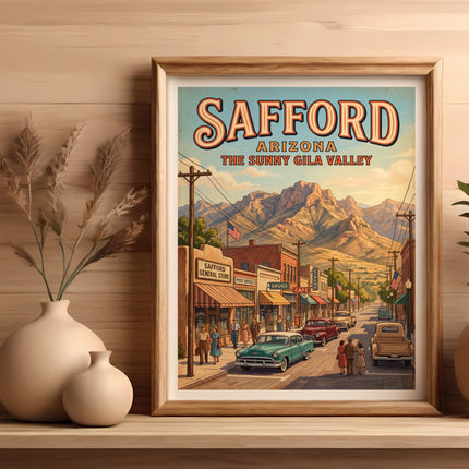 Safford Arizona vintage poster of a town street scene with mountains.