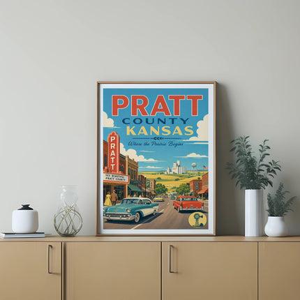 Retro travel poster for Pratt County, Kansas, featuring vintage cars and buildings.