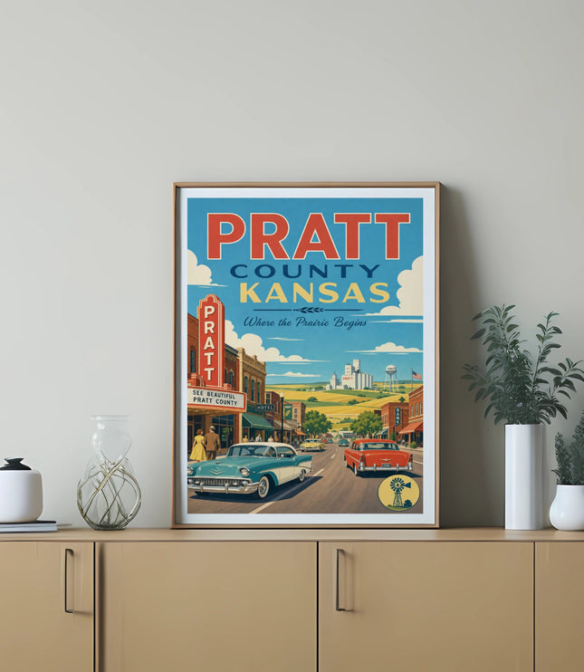 Retro travel poster for Pratt County, Kansas, featuring vintage cars and buildings.