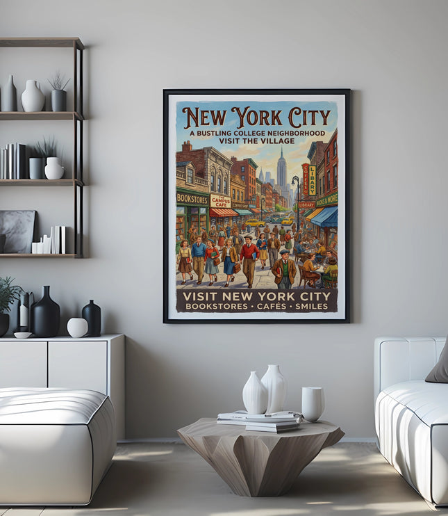 New York City vintage travel poster depicting shops, people, and Empire State Building.