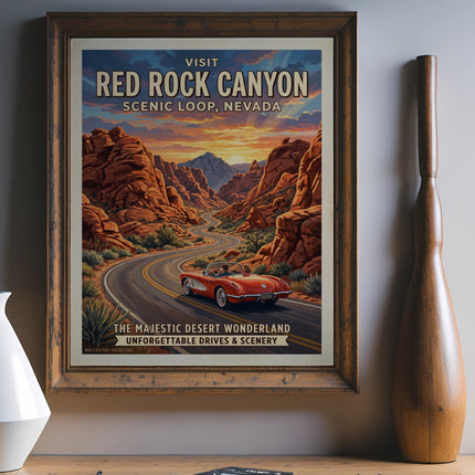 Vintage poster of Red Rock Canyon Scenic Loop, Nevada with a red convertible.