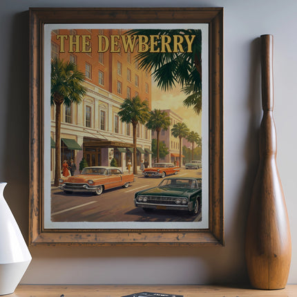Vintage illustration of "The Dewberry" building with palm trees and classic cars.