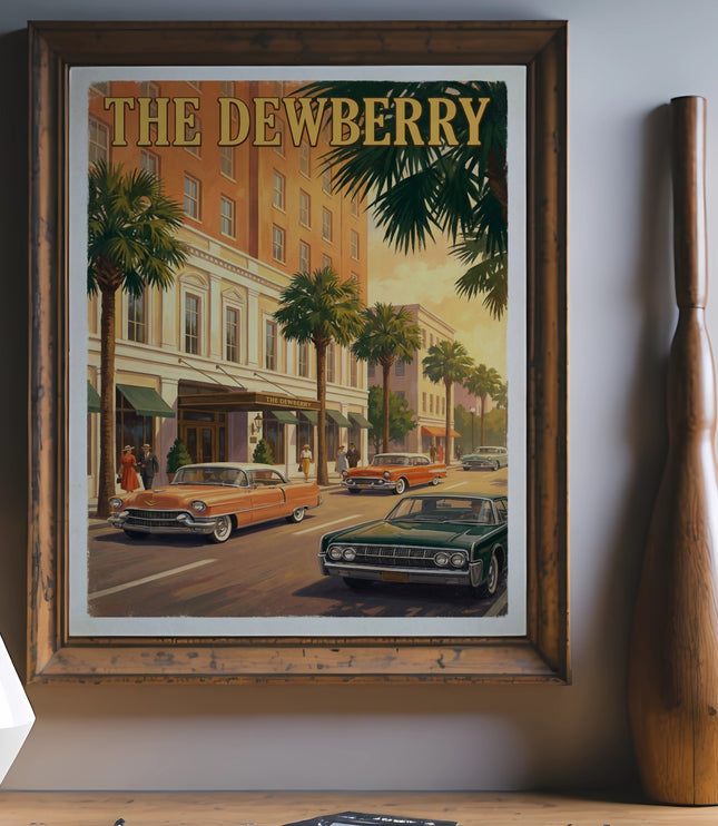 Vintage illustration of "The Dewberry" building with palm trees and classic cars.