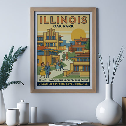 Framed poster featuring Frank Lloyd Wright architecture in Oak Park, Illinois.