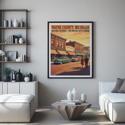 Poster of historic Wayne County, Michigan depicting Detroit storefronts and vintage cars.