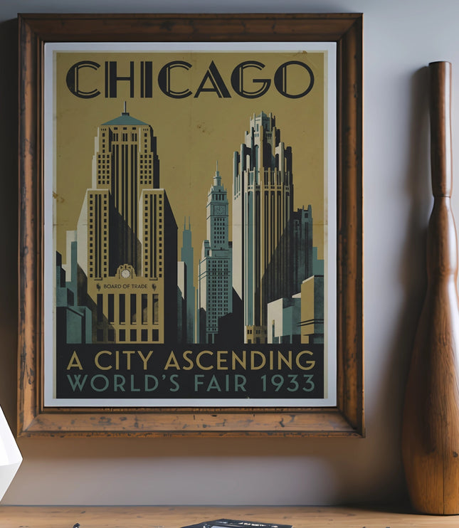 Chicago World's Fair 1933 poster with Art Deco skyscrapers and text.