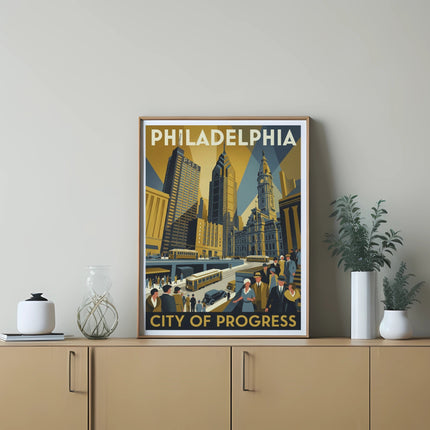 Vintage poster of Philadelphia skyline and people on City of Progress.