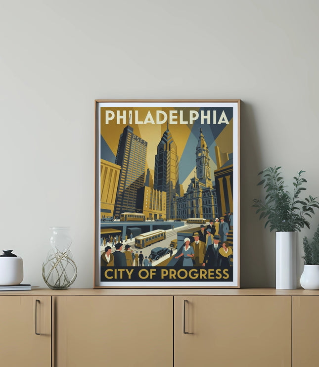 Vintage poster of Philadelphia skyline and people on City of Progress.