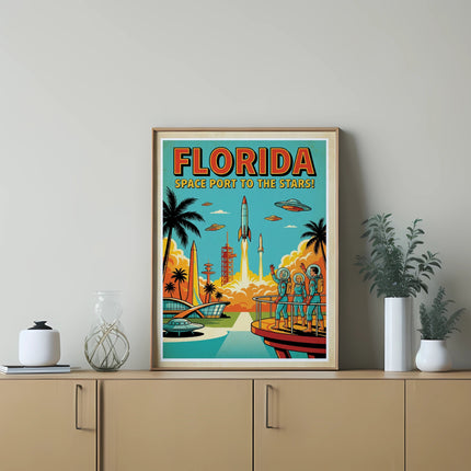 Retro Florida space port poster with rockets launching over palm trees and futuristic buildings.