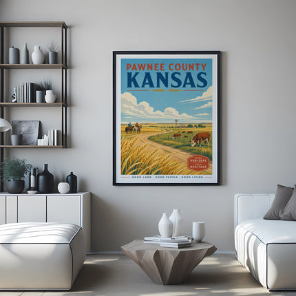 Pawnee County Kansas travel poster with cows and horses.
