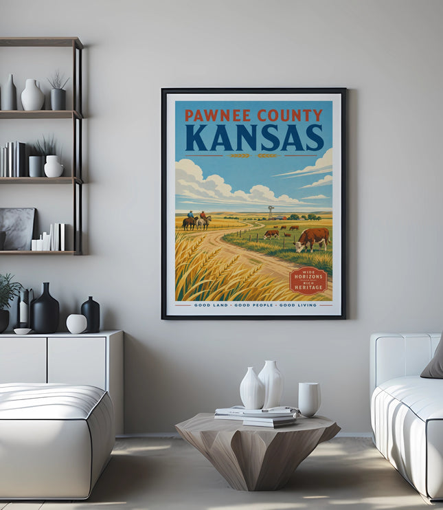 Pawnee County Kansas travel poster with cows and horses.