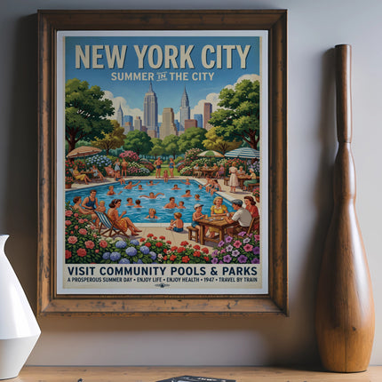 New York City summer poster: community pools, parks, and people enjoying a prosperous summer day.