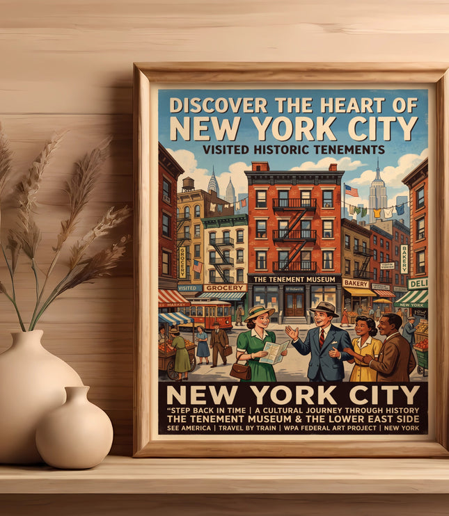 New York City vintage poster depicting historic tenements, street scene, and people.
