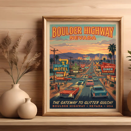 Retro Boulder Highway Nevada sign with classic cars and motels.