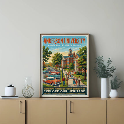 Anderson University poster depicting historic campus, vintage cars, and students.