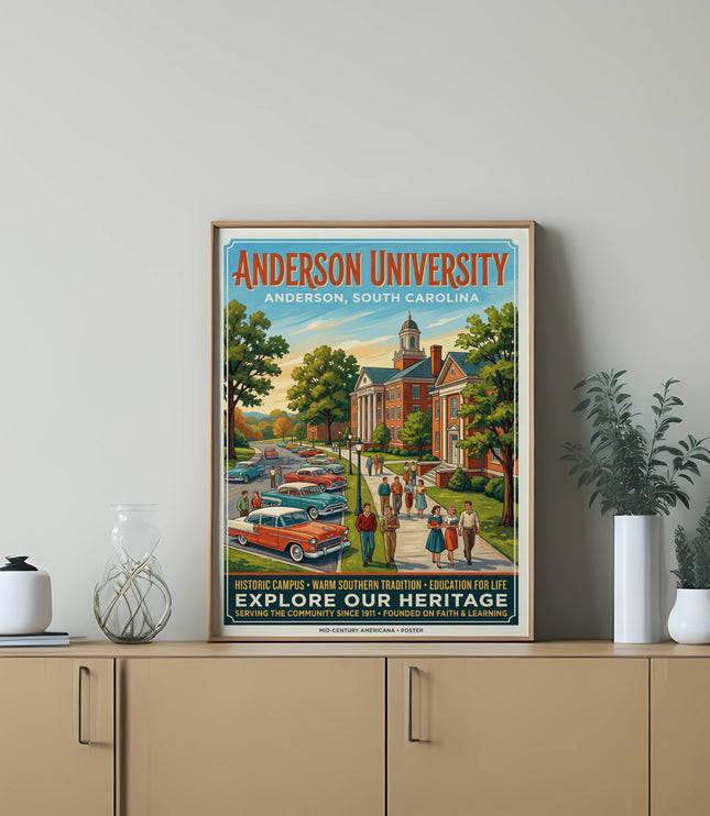 Anderson University poster depicting historic campus, vintage cars, and students.