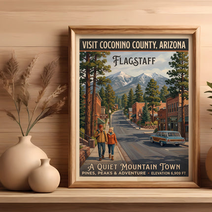 Poster of Flagstaff, Arizona showing snowy mountains, town street, and vintage car.