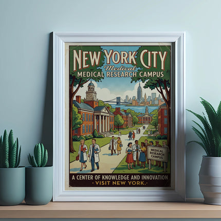 Vintage New York City Medical Research Campus poster with people and cityscape.