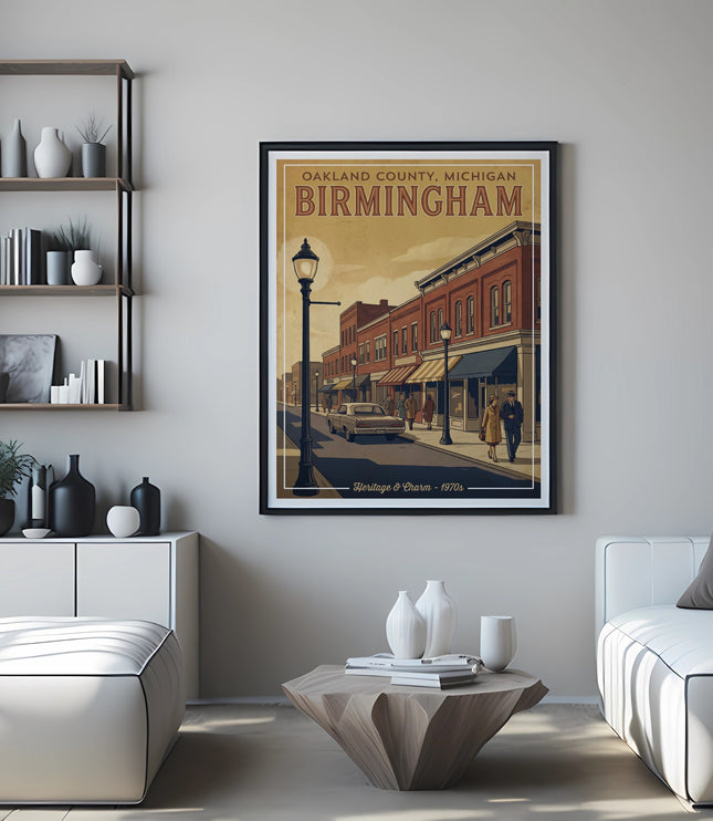 Oakland County, Michigan Birmingham retro vintage poster with street scene.