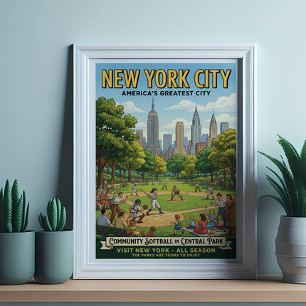 New York City community softball in Central Park poster.