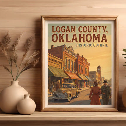 Framed art print depicts "Logan County, Oklahoma Historic Guthrie" with vintage street scene.