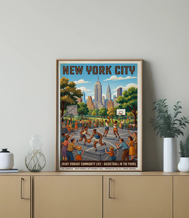 New York City vintage poster shows a basketball game in a park with city skyline.