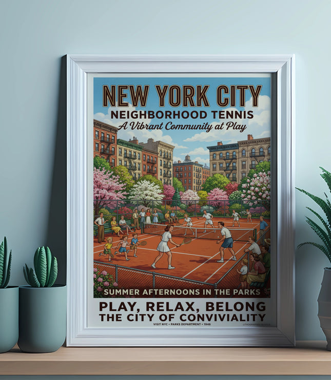 New York City Neighborhood Tennis poster with people playing tennis in a park.