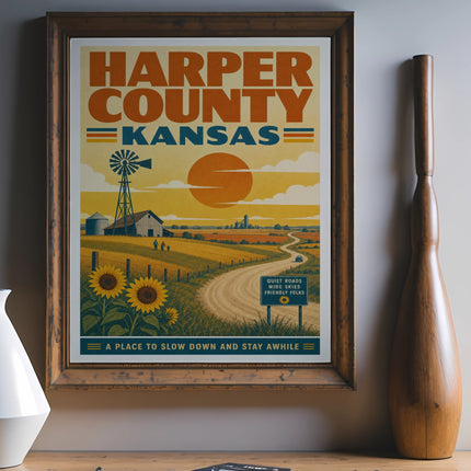 Harper County Kansas travel poster with sunflowers, windmill, and sunset.