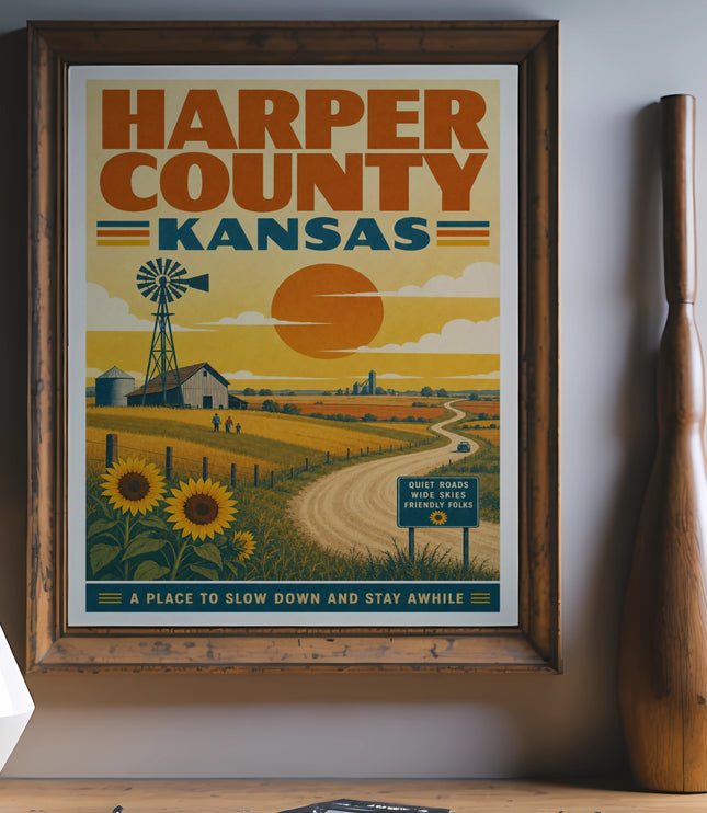 Harper County Kansas travel poster with sunflowers, windmill, and sunset.