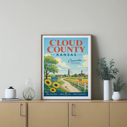 Cloud County, Kansas poster with a road, sunflowers, and town buildings.