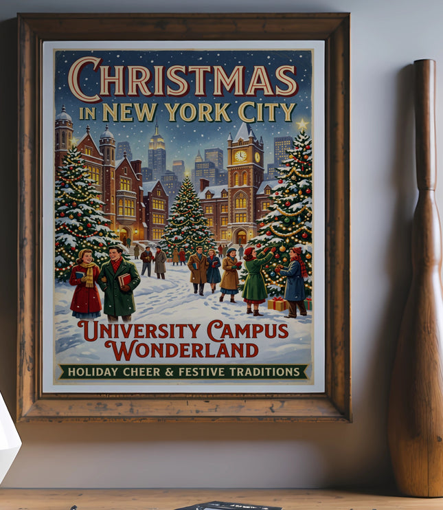 Christmas in New York City poster depicting a snowy university campus wonderland, holiday cheer.