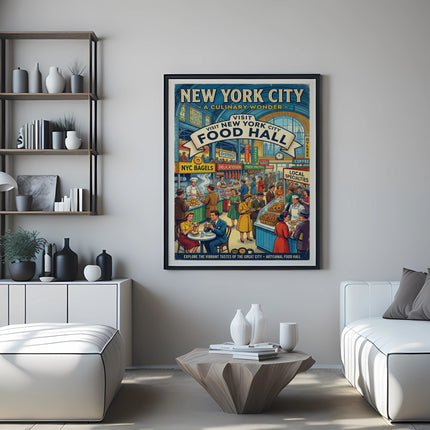 New York City Food Hall poster with vintage illustration and text.