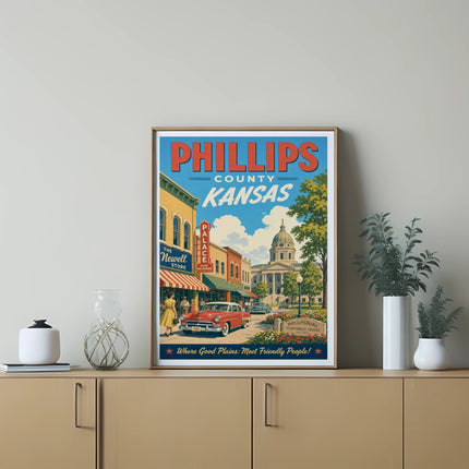 Phillips County, Kansas vintage travel poster with courthouse and classic car.