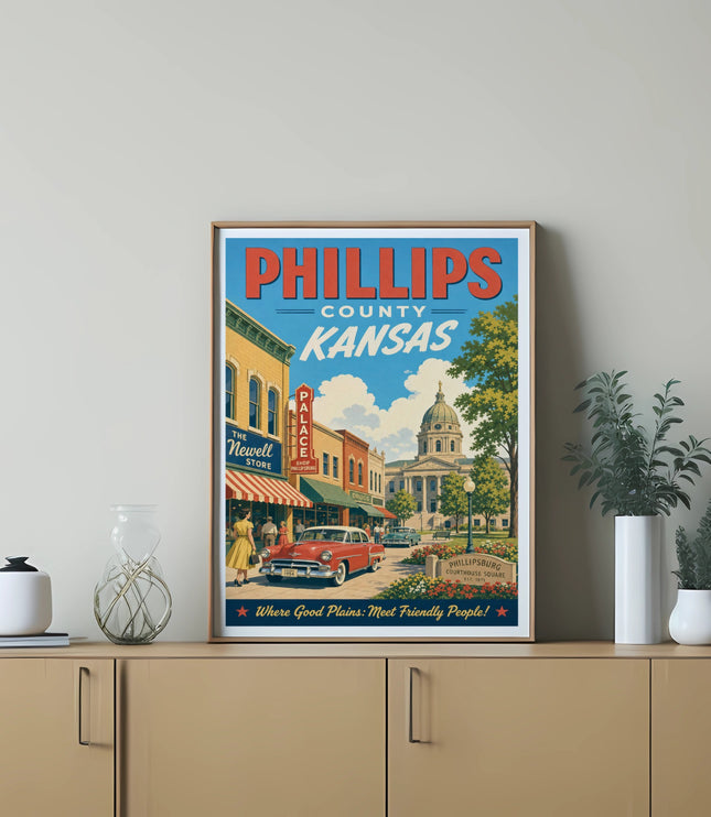 Phillips County, Kansas vintage travel poster with courthouse and classic car.