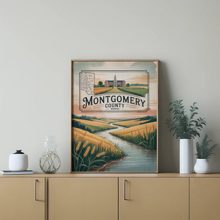 Montgomery County landscape with river and golden fields.
