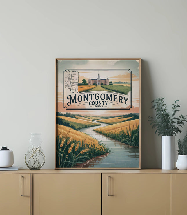 Montgomery County landscape with river and golden fields.