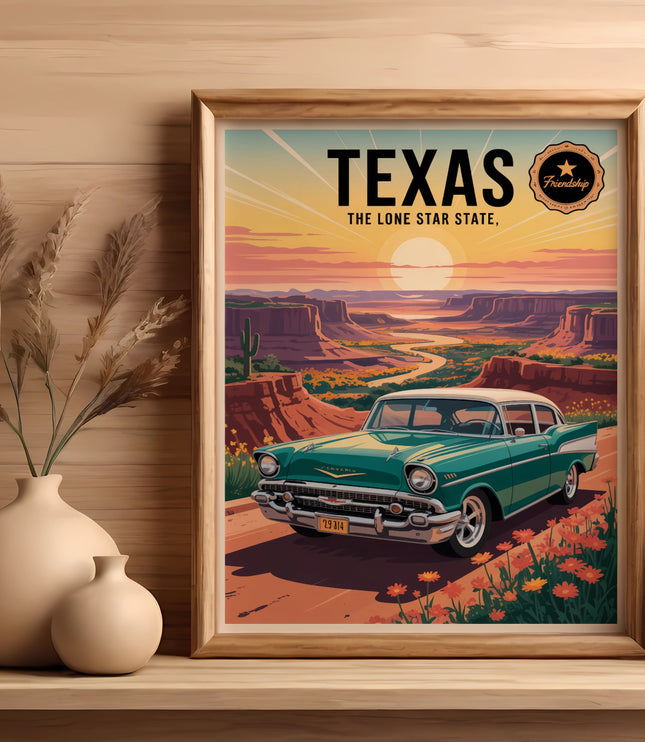 Texas Lone Star State framed art print featuring a vintage teal car.