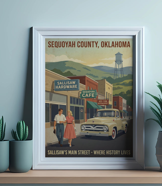 Retro poster of Sallisaw, Oklahoma, featuring shops, a vintage truck, and a couple.