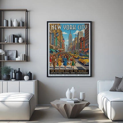 New York City poster with iconic landmarks, yellow taxi, and city street scene.