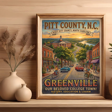 Pitt County, N.C. poster featuring Greenville's downtown and college.