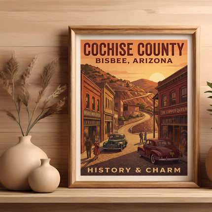 Retro poster of Bisbee, Arizona with vintage cars and buildings at sunset.