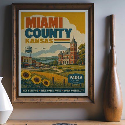 Miami County, Kansas, Paola vintage travel poster with brick building and sunflowers.