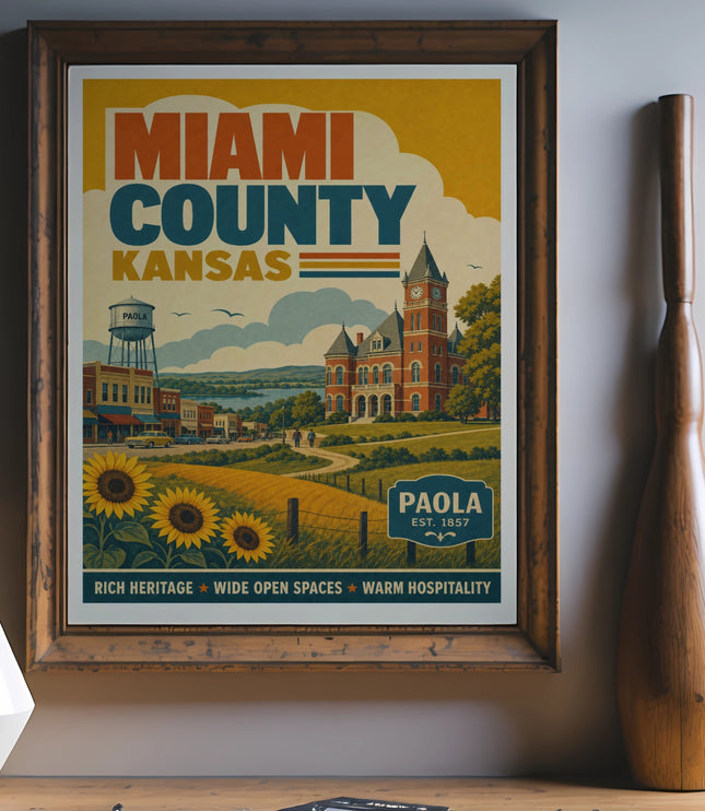 Miami County, Kansas, Paola vintage travel poster with brick building and sunflowers.