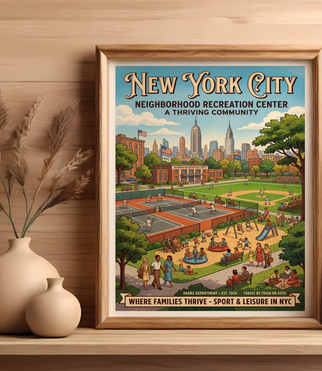 Vintage New York City poster featuring a bustling recreation center with families and city skyline.