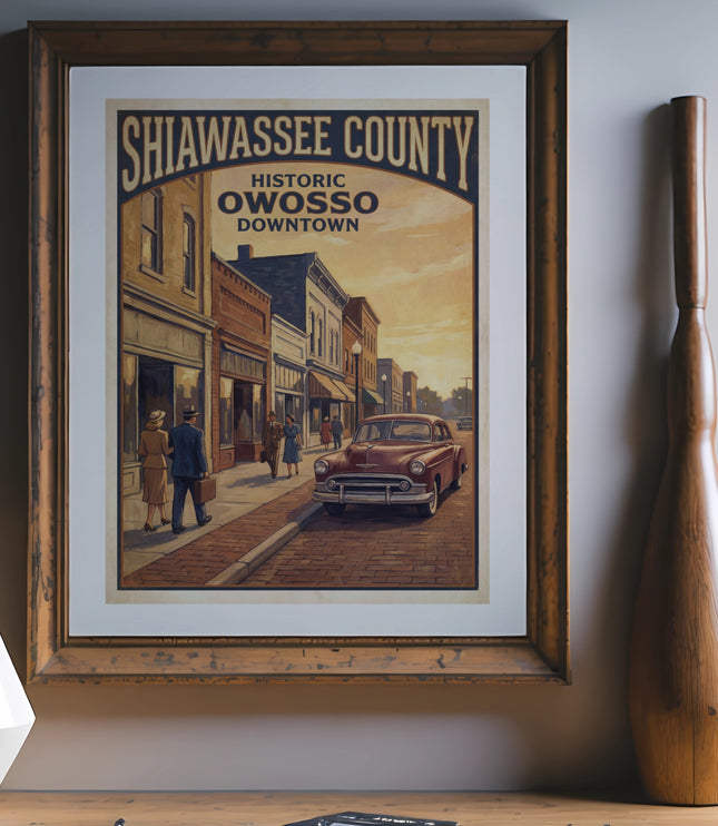 Framed print of "Shiawassee County Historic Owosso Downtown" with vintage car.