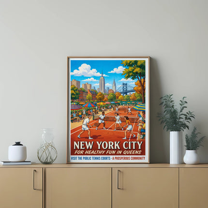 New York City poster: people playing tennis, Brooklyn Bridge, text "New York City"